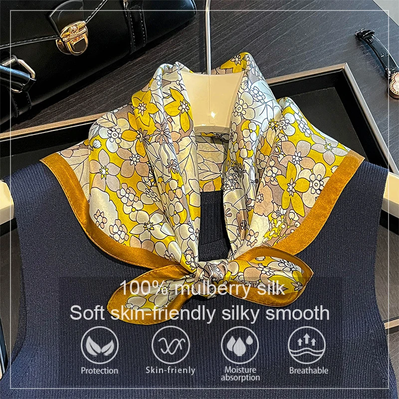 Pañuelo de Seda 100% Real de Moda 2026, Cuadrado de 53 cm, Bandelete, Pequeño Pañuelo de Seda para Mujer, Pañuelo para Cuello y Cabeza con Estampado
