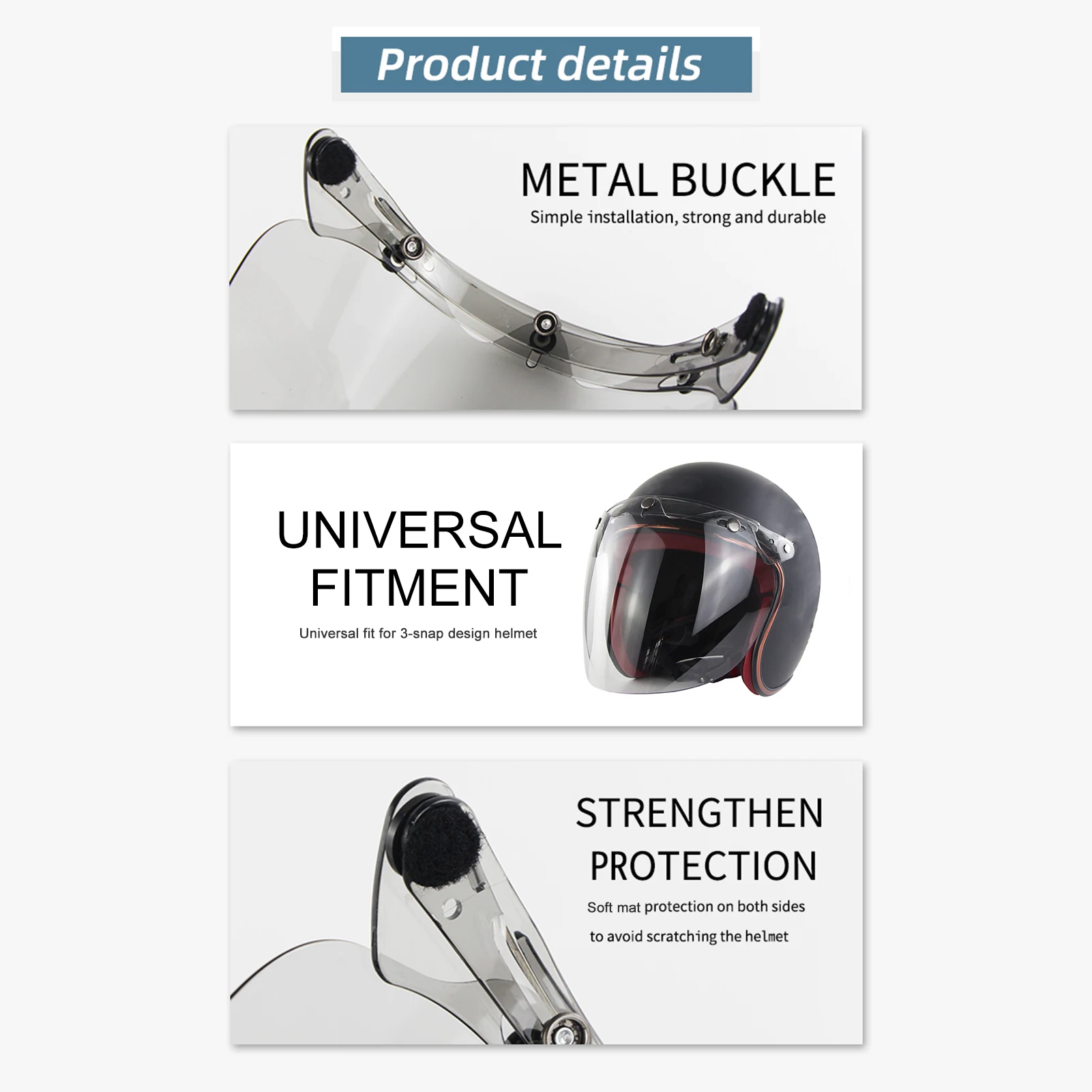 Open Face Helmet Visor Motorcycle Helmet Bubble Lens 3-Snap Bubble Wind Shield Visor