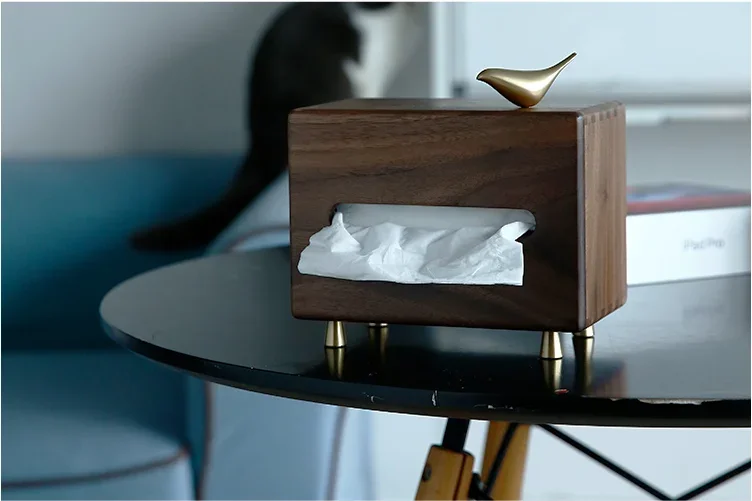 Black Walnut Brass Feet Bird Decorative Tissue Box Home Solid Wood Storage Paper Towel Holder Tube