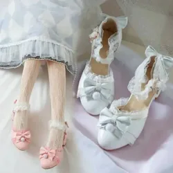 Sweet Bowtie Lace Edge Women Lolita Sandals Square Block Heels White Pink Casual Party PU Leather Round Toe Ankle Strap Ladies