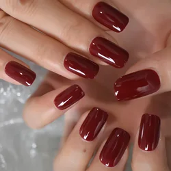 solid glossy press on fake nails women lady medium-long length square artificial nail minimal design