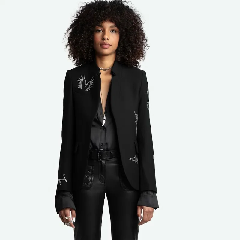 Zadig Blazers informales para mujer, trajes negros con clase para oficina para mujer, nueva moda, estampado en caliente, estampado elegante con botones y bolsillo, Blazers para mujer