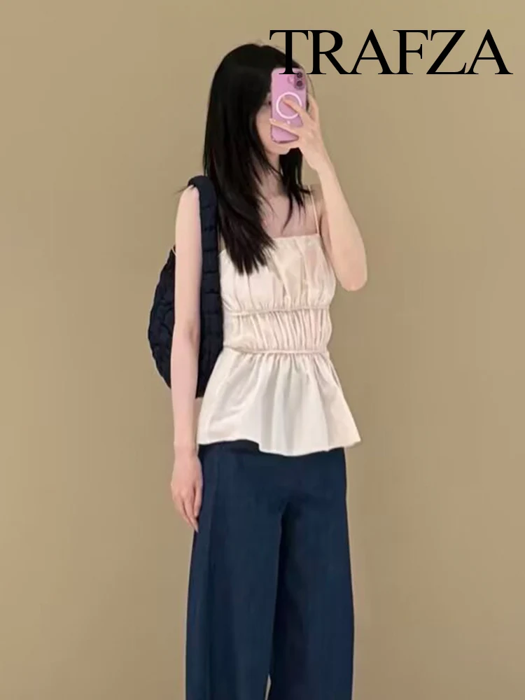 

TRAFZA Women Summer Vacation Fashion Sling Top Female Elegant Sexy Backless Lace-up Sleeveless Casual Slim Sleeveless Top Mujer