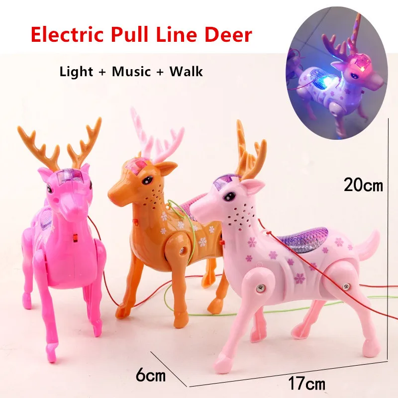 Mainan hewan garis tarik elektrik, kuda Unicorn, rusa, babi dan anjing dengan lampu + musik + berjalan dengan tali traksi, mainan hewan untuk Chi