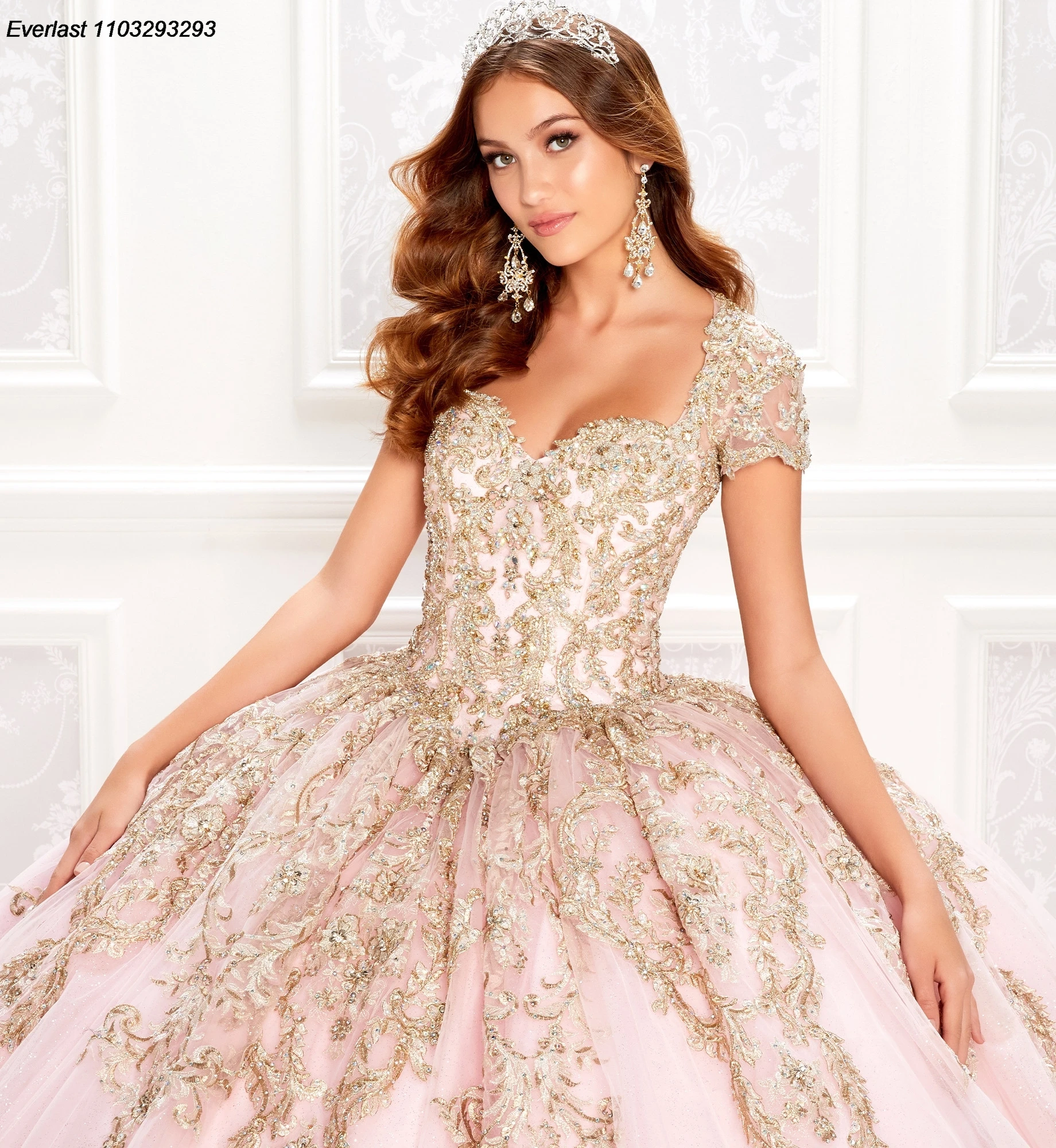 EVLAST Sparkly Blush Pink Quinceanera Dress Ball Gown Gold Lace Applique Crystals Bead corsetto Sweet 16 Vestido De 15 Anos TQD346