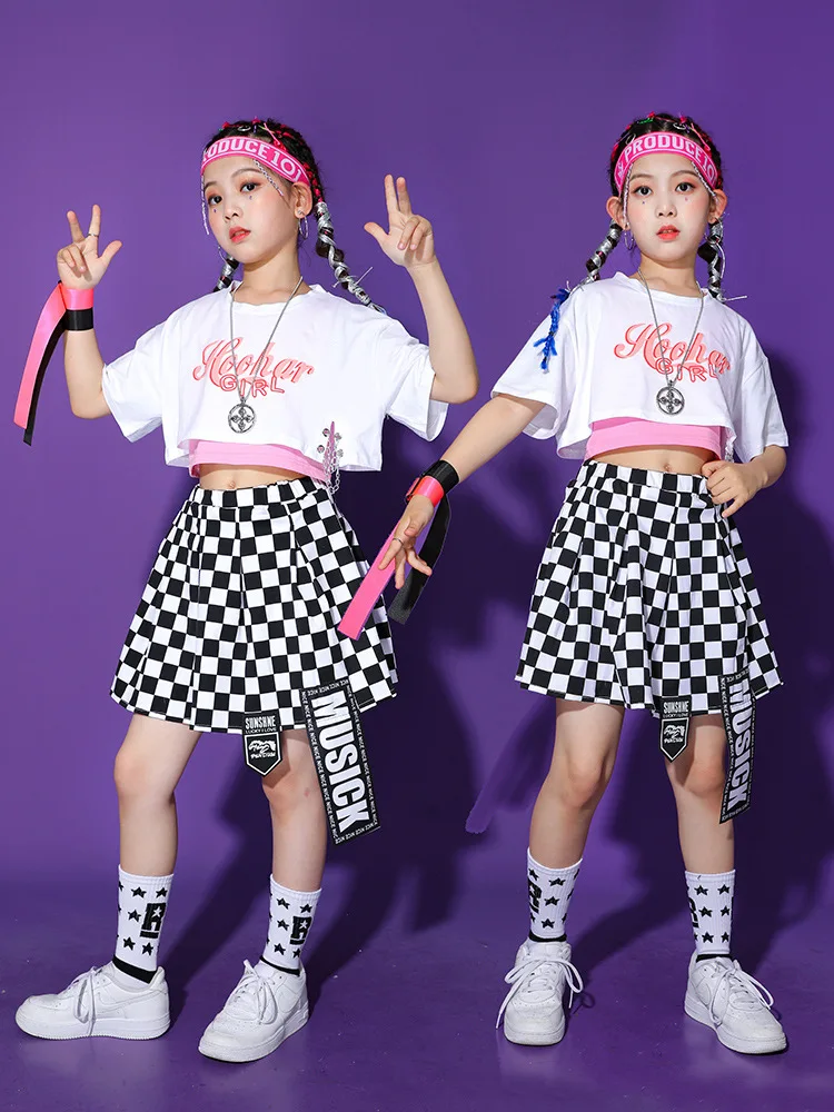 Abbigliamento Hip Hop Kpop per bambini T-shirt corta bianca Canotta rosa Minigonna a quadretti da strada per ragazza Abbigliamento da ballo jazz Costumi