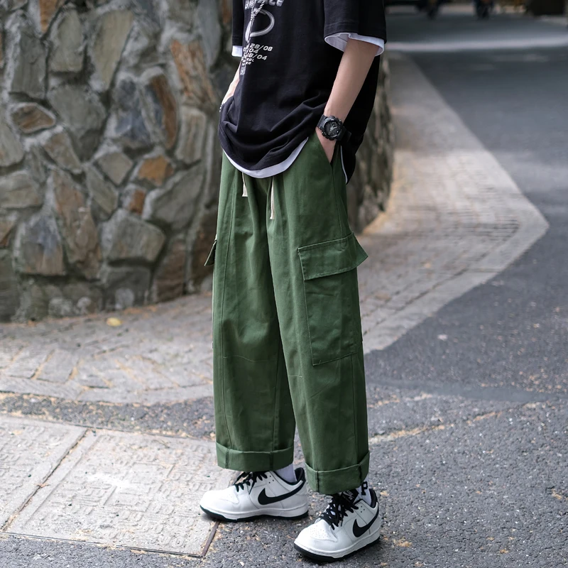Retro Japanese Green Work Pants Men Summer Thin Loose Straight Leg Wide Leg Cityboy  Color Nine Point Casual Trousers
