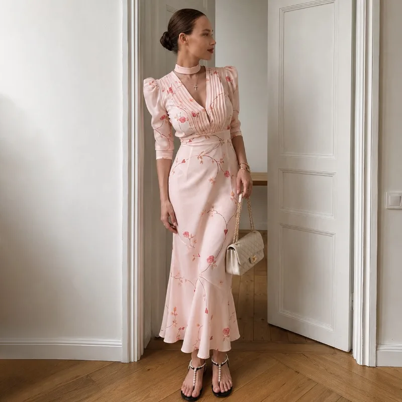 Tornova-vestido largo Floral elegante para mujer, vestido de fiesta de oficina con escote en V profundo y cintura alta, vestido ajustado de manga larga con cola de pez para mujer