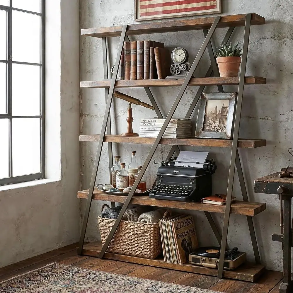

Vintage Industrial Style 5-Tier Tall Bookcase, 67H x 12W x 47L, Rustic Wooden Shelving for Home or Office, Retro Brown