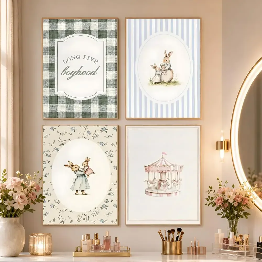 Vintage Floral Rabbit Hot Air Balloon Carousel Poster Matte Wall Art for Living Room Bedroom Home Decor Mother & Baby Girlhood T