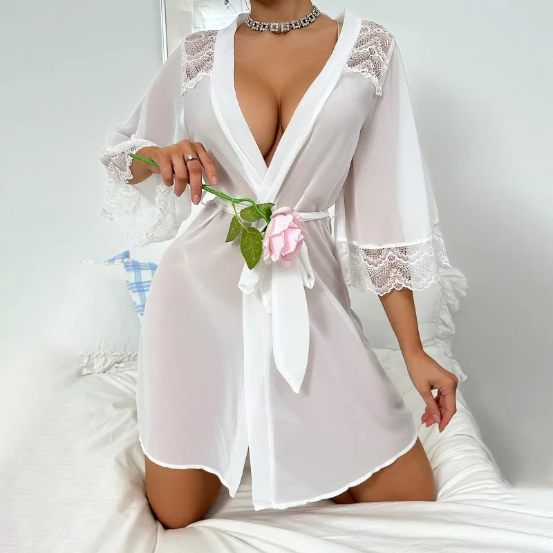 

Women Chiffon Kimono Bride Wedding Robes Sexy Lace Patchwork Nightgown Short V Neck Sash Nightie Dress Transparent Lingerie