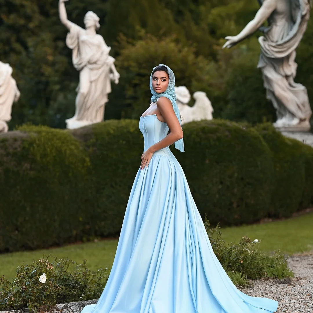 Amanda Aangepaste Blauwe Tulband Strapless Backless Mouwloze Galajurk Satijn vestidos de noche Vloerlengte Formele Avond 2025