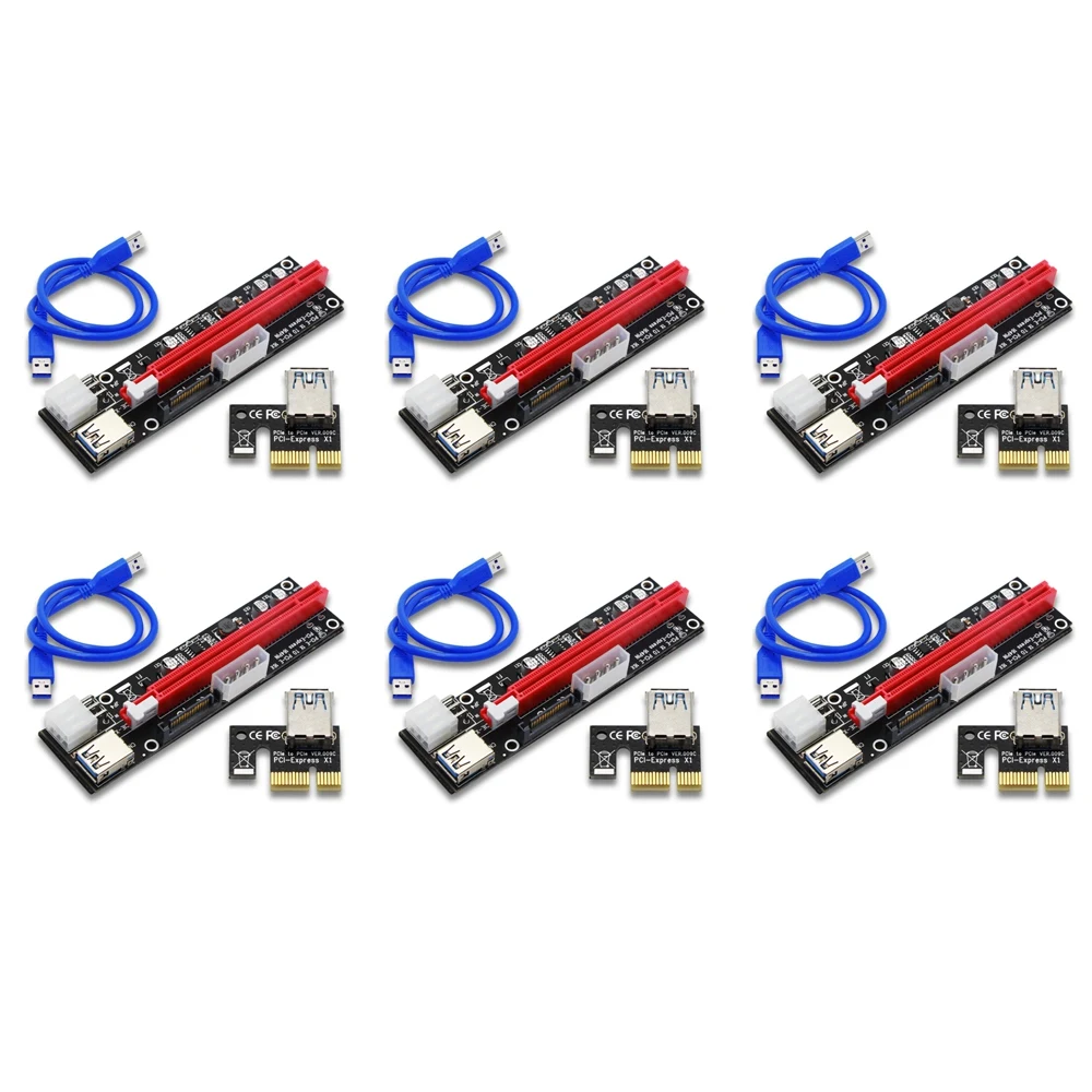 6PCS VER103C 3In1 Power PCI-E Riser Card LED 4Pin 6Pin Sata 15Pin Express 1X to 16X 60CM Extension Cable for