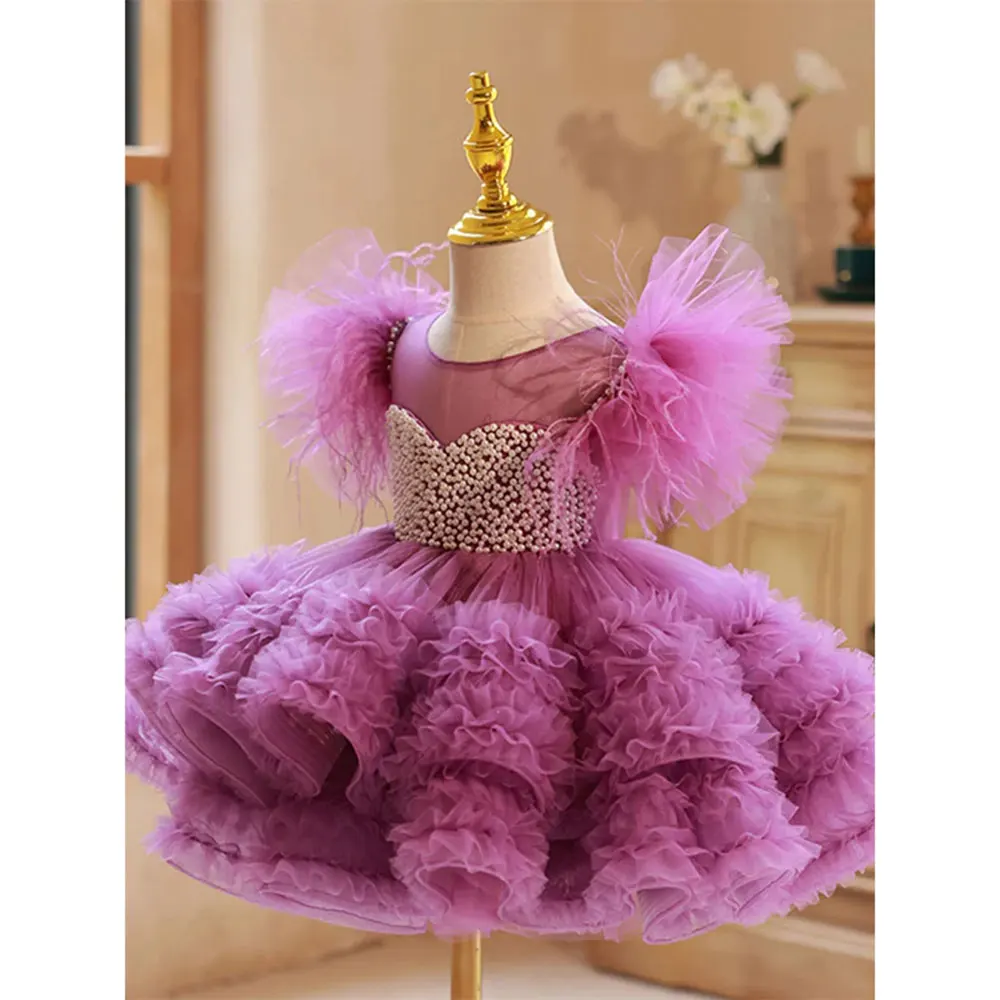 Fioletowa bufiasta warstwowa sukienka dla dziewczynki na wesele O-neck Tulle With Pearls Baby Kids Birthday Party Ball First Communion Gowns