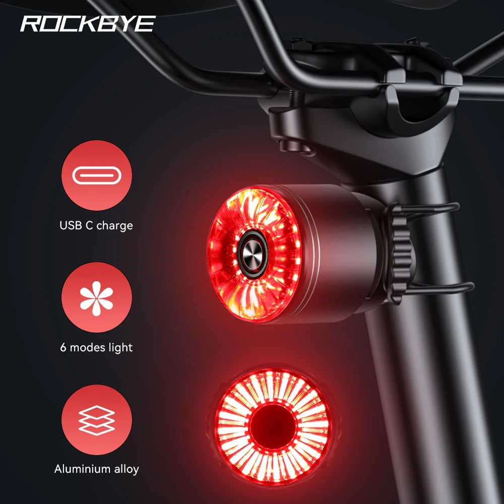 Rockbye 자전거 후미등, USB 충전식 알루미늄 MTB 도로 새들 시트포스트 LED 경고 사이클링 램프, 6 가지 모드