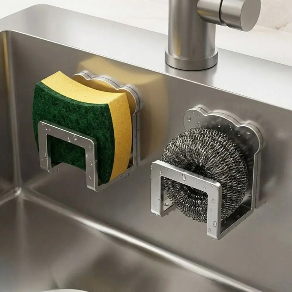 Stainless Steel Sink Sponge Holder Self Adhesive Wall Mounted Pot Lid Rack Space Saving Rustproof Sink Sponge Organizer Bathroom
