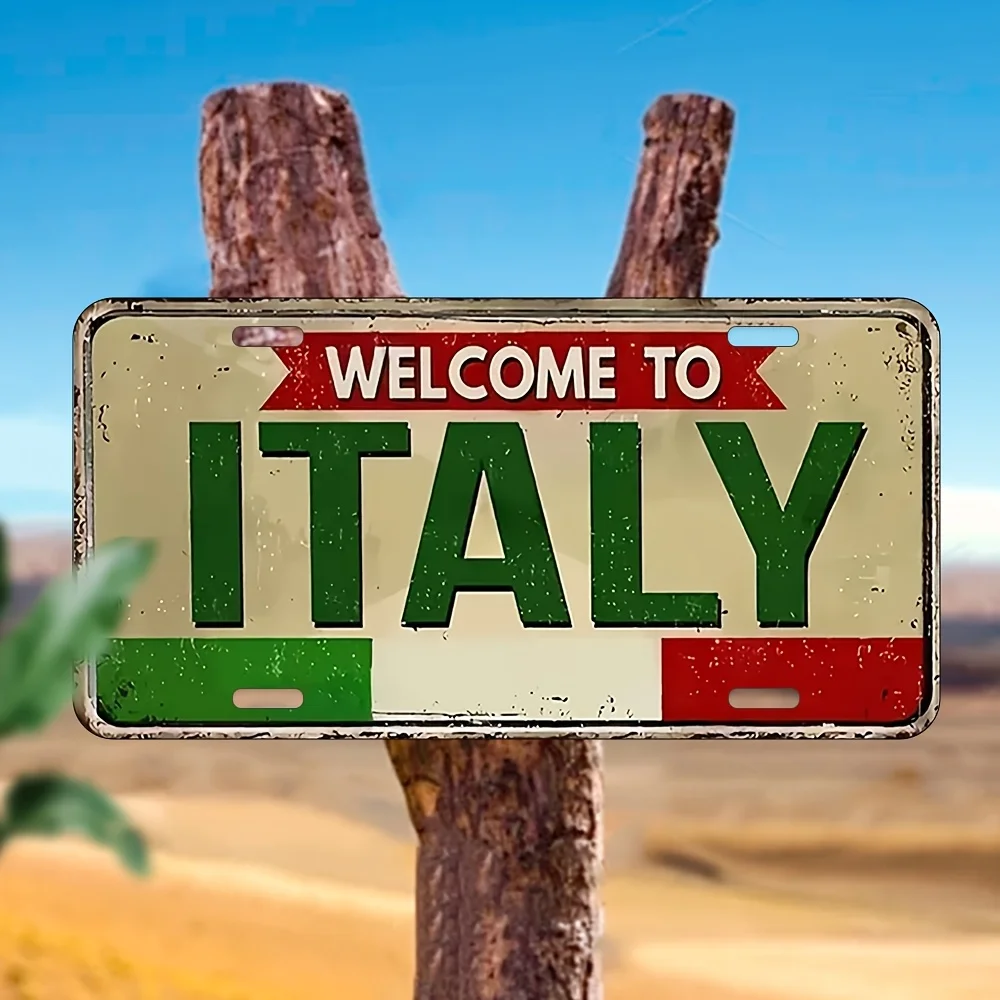 Welcome to Italy Flag Colors 2D Flat Printing License Plate Style Metal Tin Sign, Italian Travel Themed Decorative Aluminum Sign