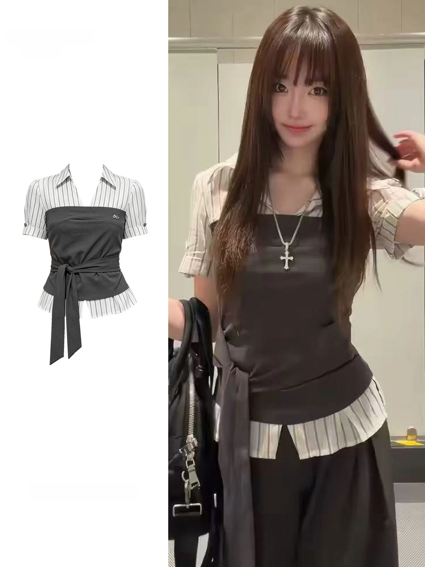 

plus Size Korean Style Striped Tie Waist Shirt Women's Summer Slim Fit Design Trendy Top Short Sleeve Flip Collar Blouse