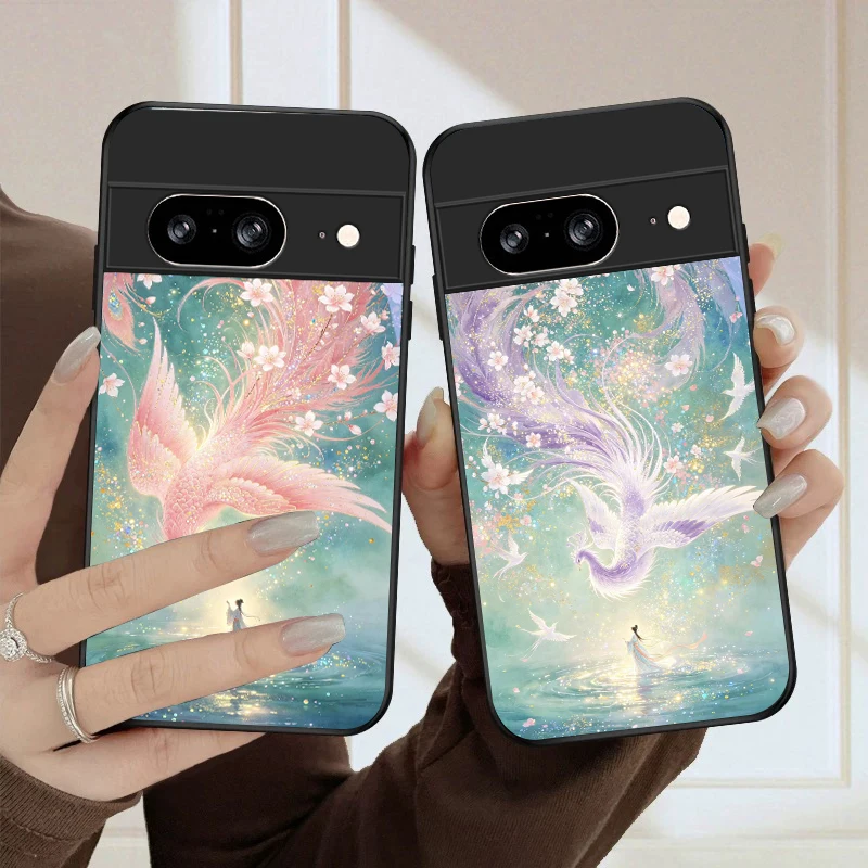 

Graceful cartoon phoenix For Google Pixel 10 Pro XL Pixel 9 Pro XL Pixel 8a 7a Pixel 7 Pro Pixel 8 7 9 10 Black Glass Phone Case