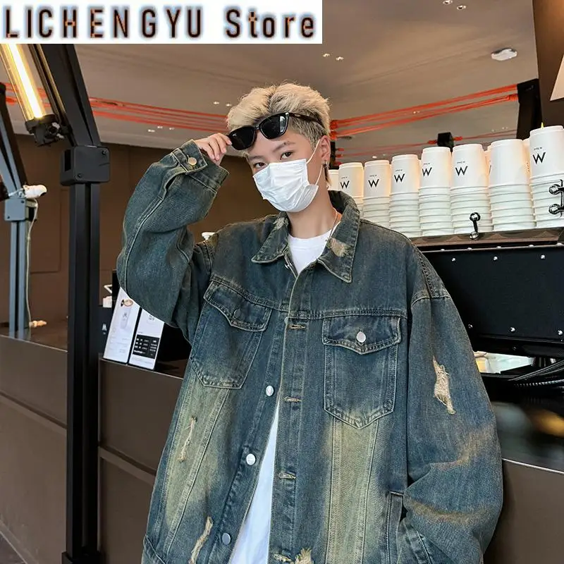 

Уличная американская ретро потертая мужская джинсовая куртка, весна-осень, новинка High Street, крутая повседневная куртка, модное молодежное повседневное рваное пальто