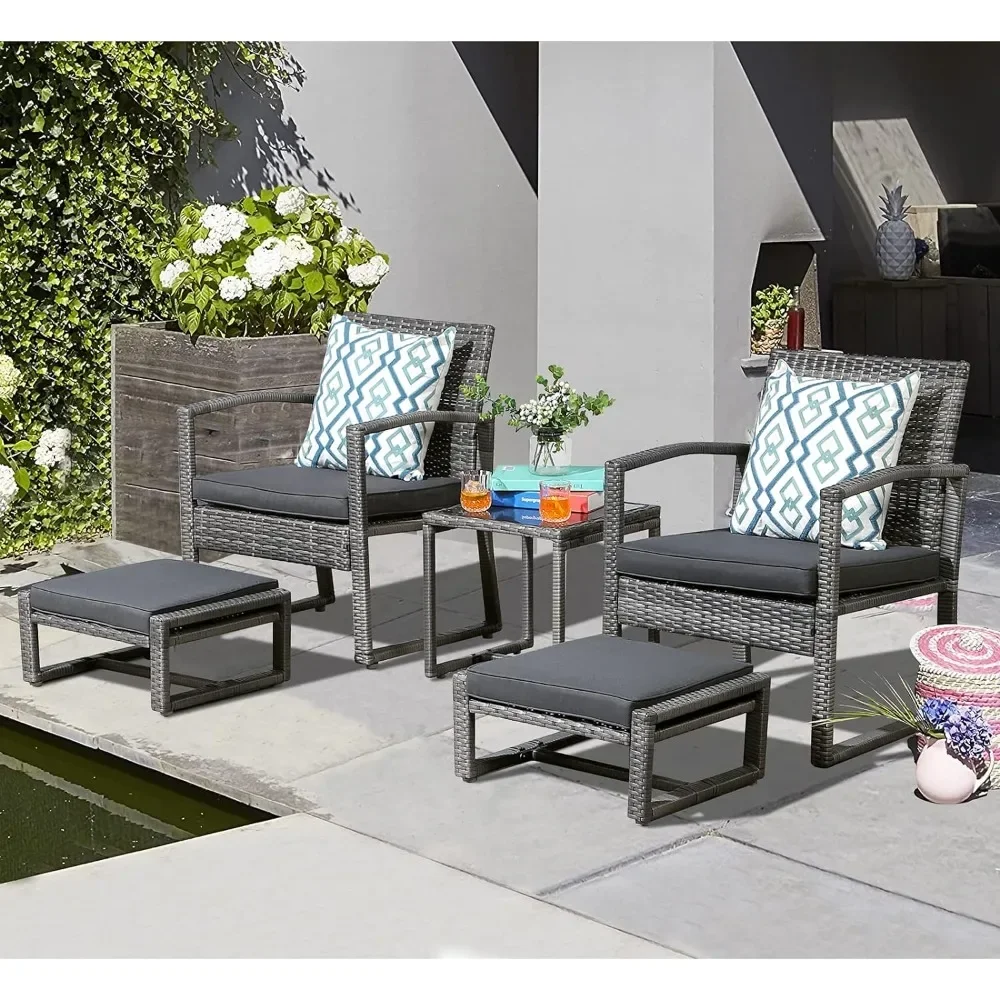 5 Pieces Patio Furniture Set with Ottoman Footstool and Coffee Table, Patio Furniture Set