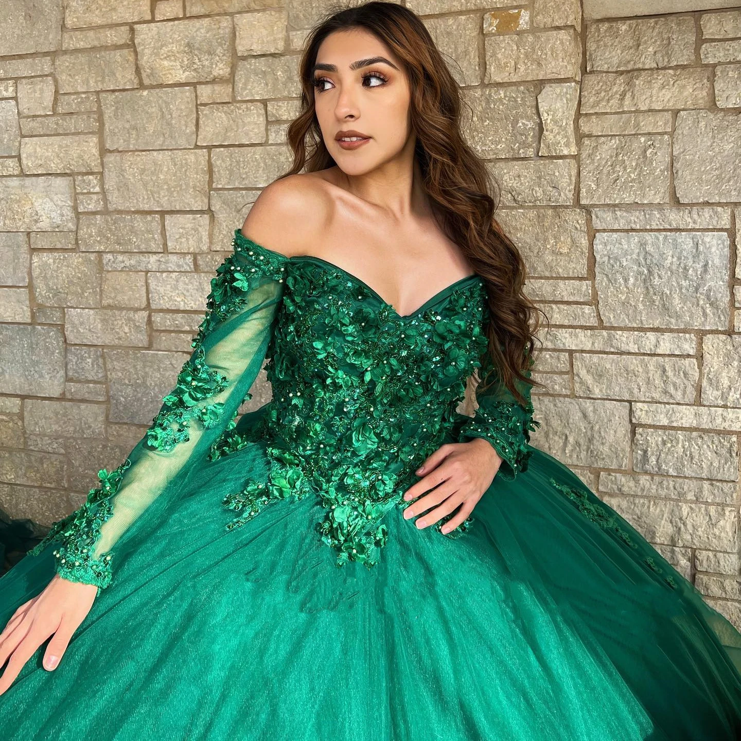 3D Floral Appliques Green Quinceanera Dresses Long Sleeves Off The Shoulder Sweetheart Neck Tulle Sweet 15 Dress For Teen Girls