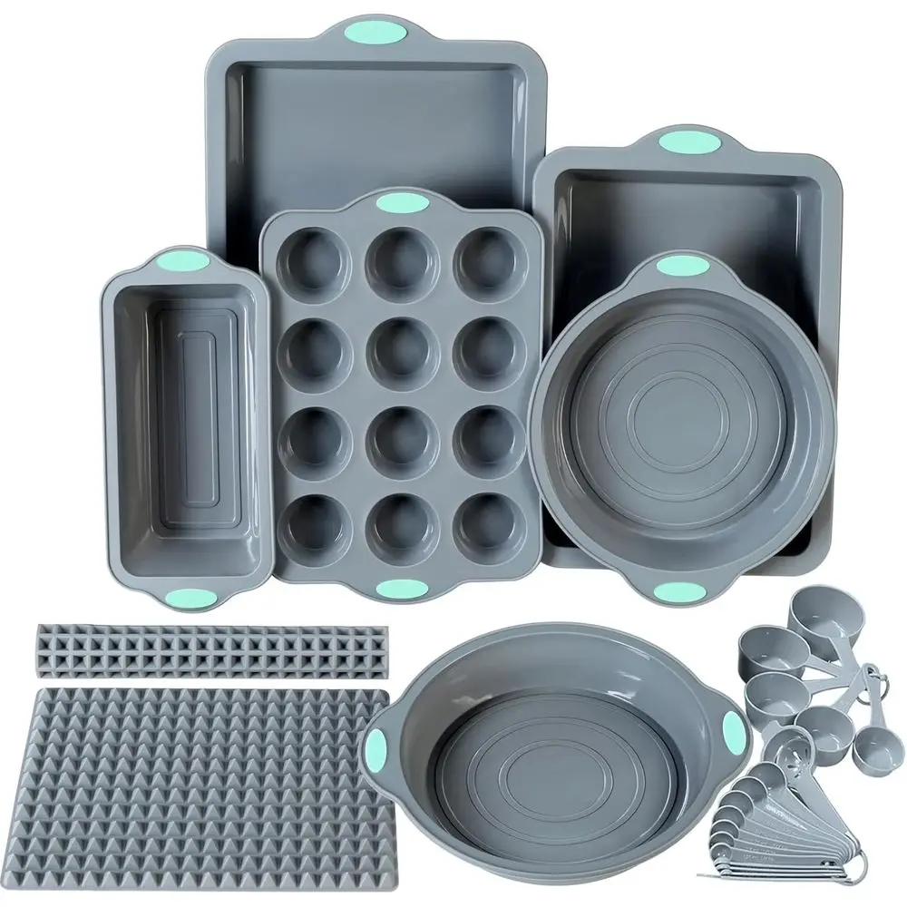 

8 in 1 Silicone Bg Set - 6 Cake Molds - 2 Silicone Bg Mat, Nonstick Cookie Sheet, Cake Muin Bread Pan with Grips and Metal Reino