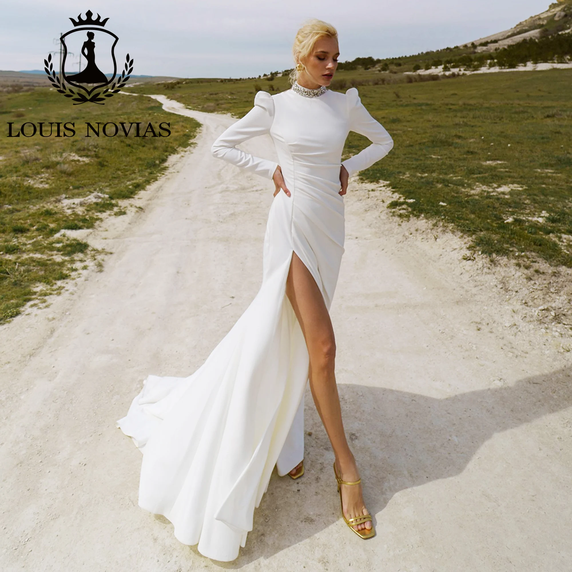

LOUIS NOVIAS Mermaid Satin Wedding Dresses For Women SCOOP Long Sleeve Backless Beading Wedding Gown Vestidos De Novia