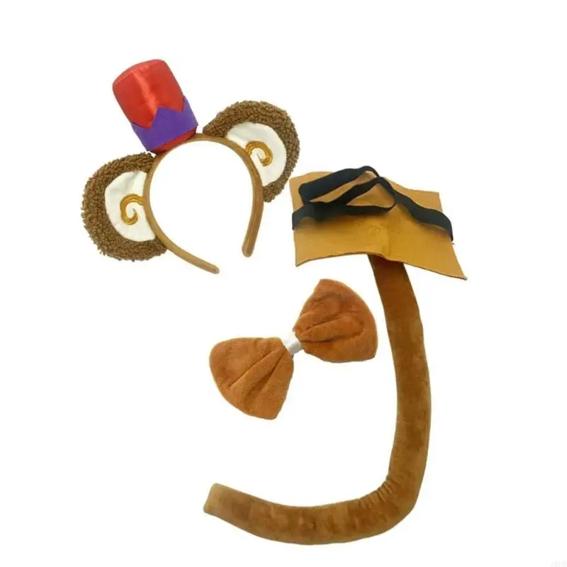 Monkey Cosplay Accessories Set Faux Hair Ears Hairband Bowtie and Tail for Halloween Party and Costume Event 
