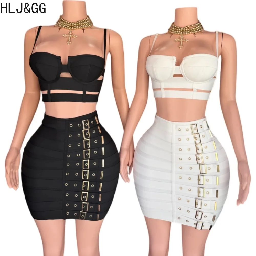 HLJ&GG Women Sexy 2 Piece Outfit Punk Corset Cami Crop Top Buckle Detail Bodycon Mini Skirt Birthday Night Out Clubwear Set New