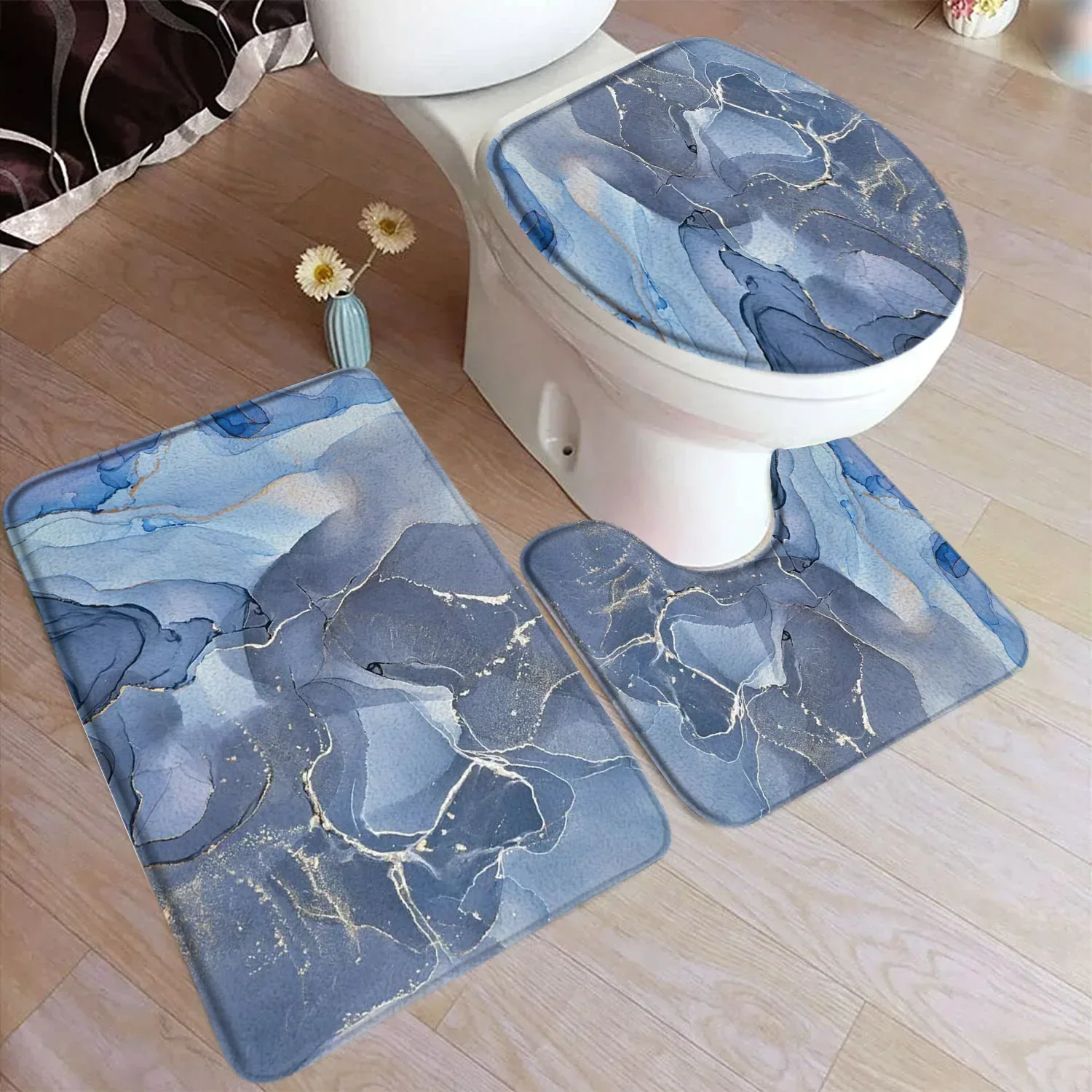 Abstract Marble Bath Mat Set Gold Textured Pattern Modern Geometric Black Carpet Home Bathroom Decor Floor Rugs Toilet Lid Cover