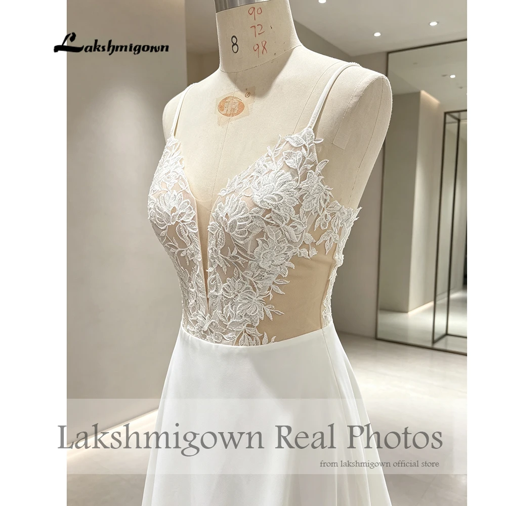 Lakshmigown Bohemian Spaghettiträger Hochzeitskleid Chiffon V-Ausschnitt A-Linie Brautkleid Spitzenapplikationen 2027 Echte Fotos Maßanfertigung – Detail 8