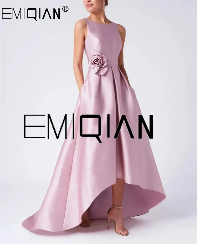 

Backless Roses Satin Pink Elegant Formal Dresses for Women Evening Dress Hi-Lo Prom Gown Robe De Soiree Femmes Long