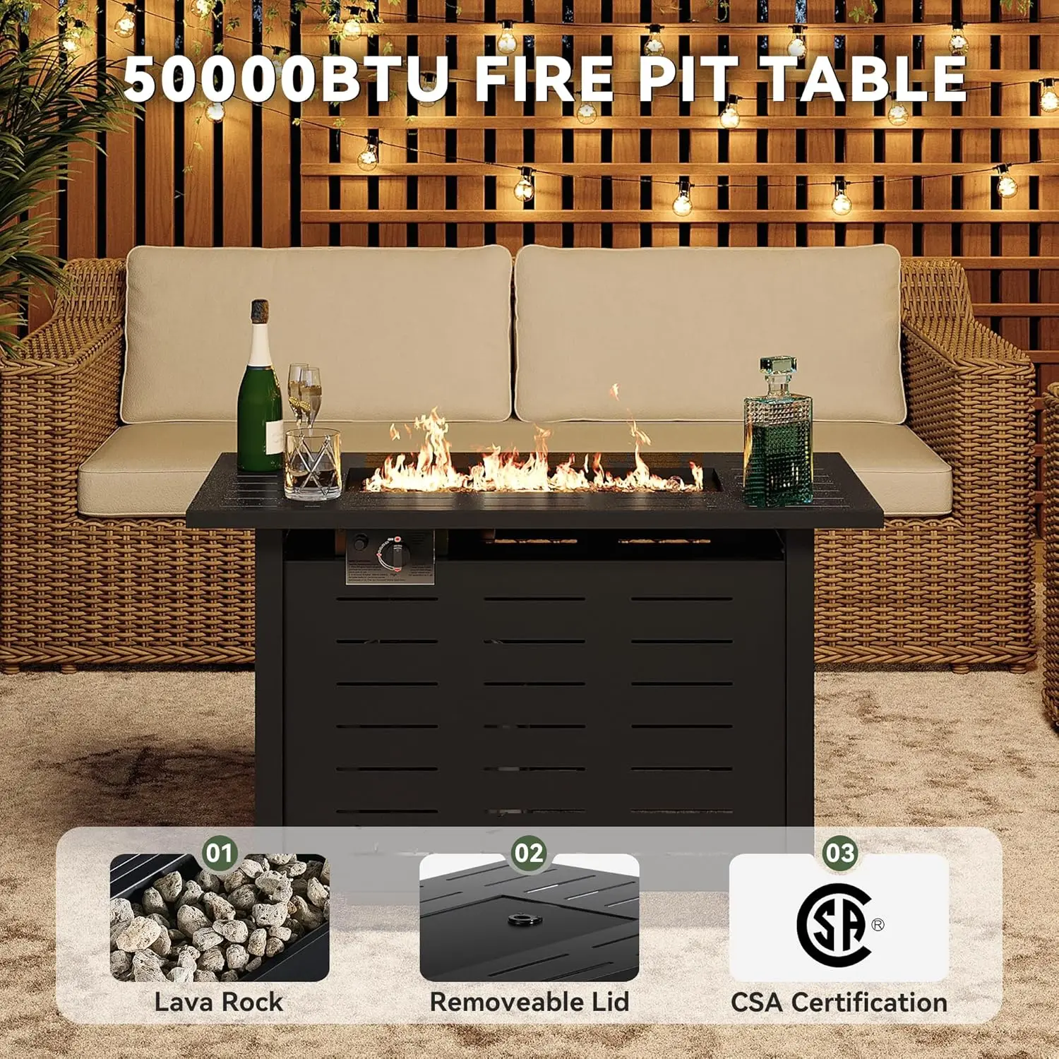 

Aoxun 40 Inch Propane Fire Pit 50,000 BTU Outdoor Gas Fire Table with Waterproof Cover Rectangular Steel Firepit Table