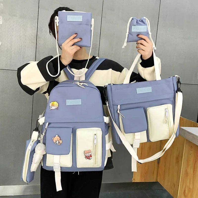 Dziewczęcy zestaw 5-częściowy w jednolitym kolorze, plecak szkolny w stylu koreańskim, duża pojemność, lekki, casualowy plecak dziecięcy, uniwersalny plecak.