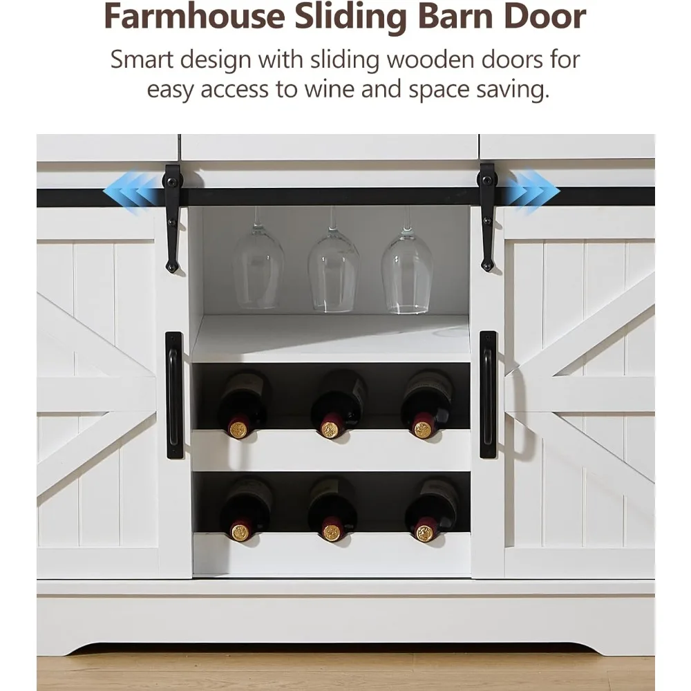 خزانة بوفيه واسعة 54 باللون الأبيض الريفي مع أبواب حظيرة منزلقة لتخزين النبيذ في المزرعة وبار القهوة #6