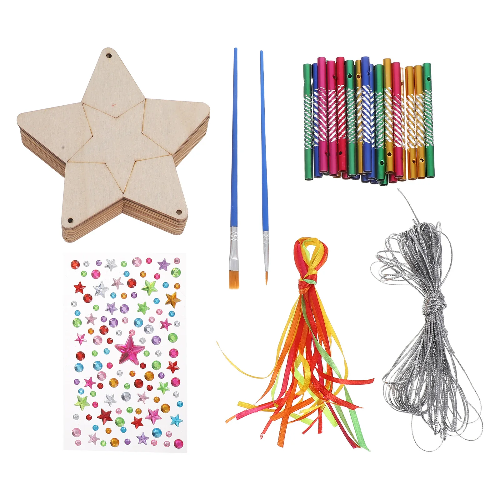 12 Sets DIY Holzstern-Windspiel-Bastelset für Kinder, unvollendete Färbung, Kunst- und Bastelbedarf für Geburtstagsfeier, Schulfee
