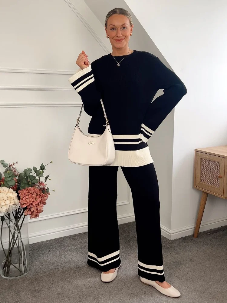 Kobiety Casual Loose Knitted Top Pant Set Black White Striped O-neck Pullover Wide Leg Long Pants Suit Elegant Female Outfits