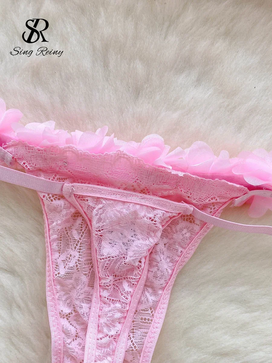 SINGREINY 2024 Sensual Mesh Lace Lingerie Three Pieces Sets Women Floral Strap Mini Bra+Thongs Hollow Out Sexy Underwear Suits