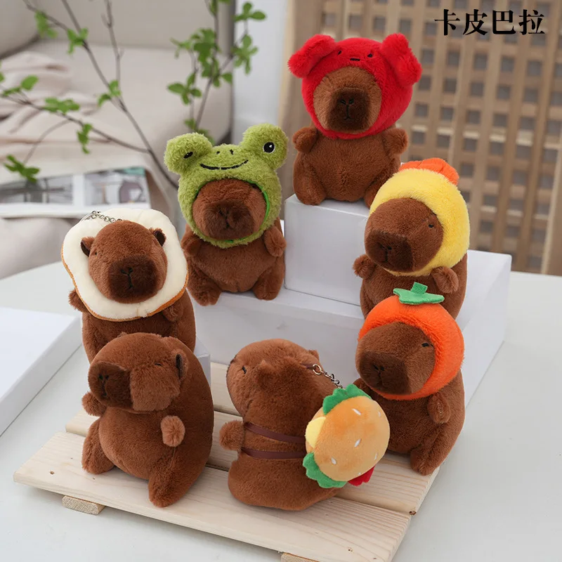 12CM Cute Capybara Plush with Turtle Backpack Strawberry Hat Kawaii Capibara Stuffed Aniamls Toys Keychain Pendant Kids Gifts