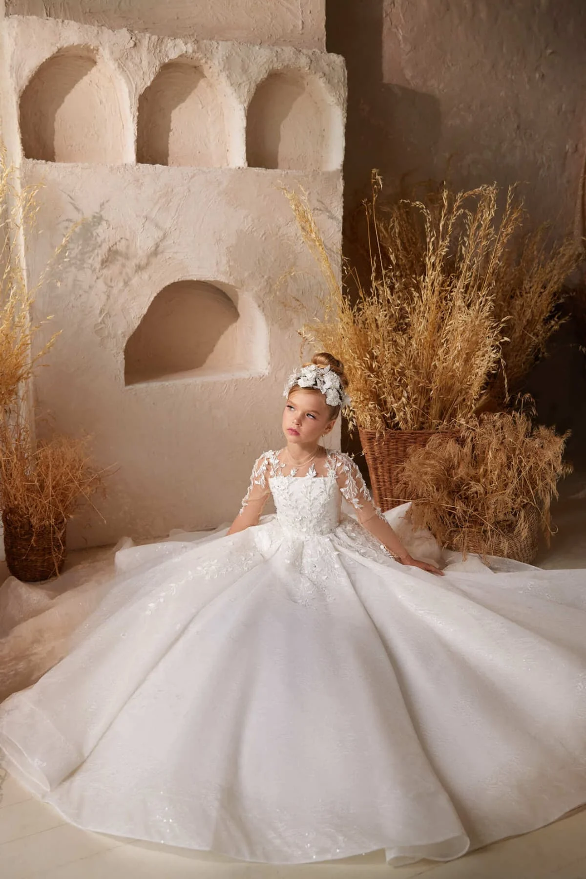 Vestido de niña de flores con cuentas de satén blanco personalizado para boda lentejuelas de manga larga vestido de fiesta de cumpleaños de primera comunión para niños