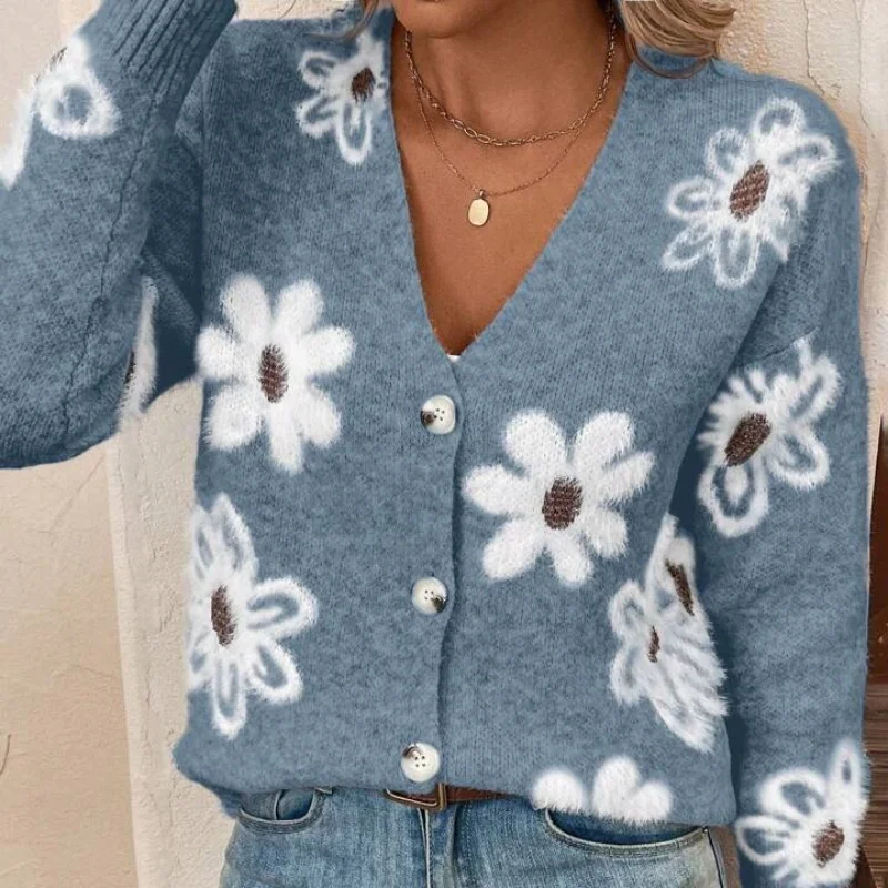 

Модный темпераментный милый Повседневный вязаный свитер с цветочным узором кардиган
