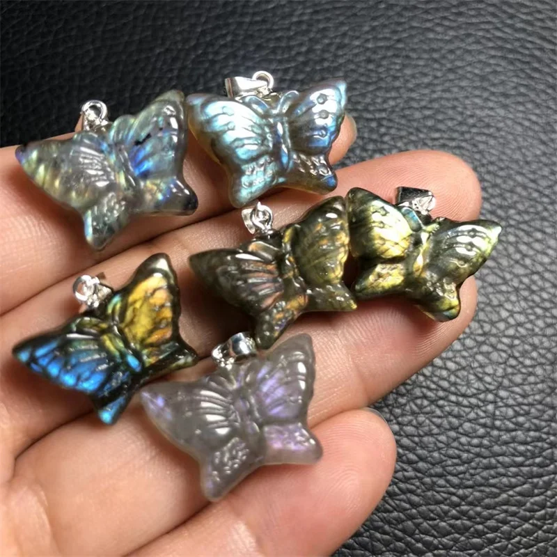 Natural Labradorite Butterfly Pendant Crystal Carving Polishing Mature Charm Jewelry Birthday Present 18.5MM