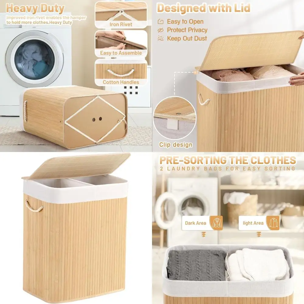 

100L Collapsible Bamboo Laundry Hamper with Lid and Handles, Ideal for Bedroom, Bathroom, Dorm, Natural Beige