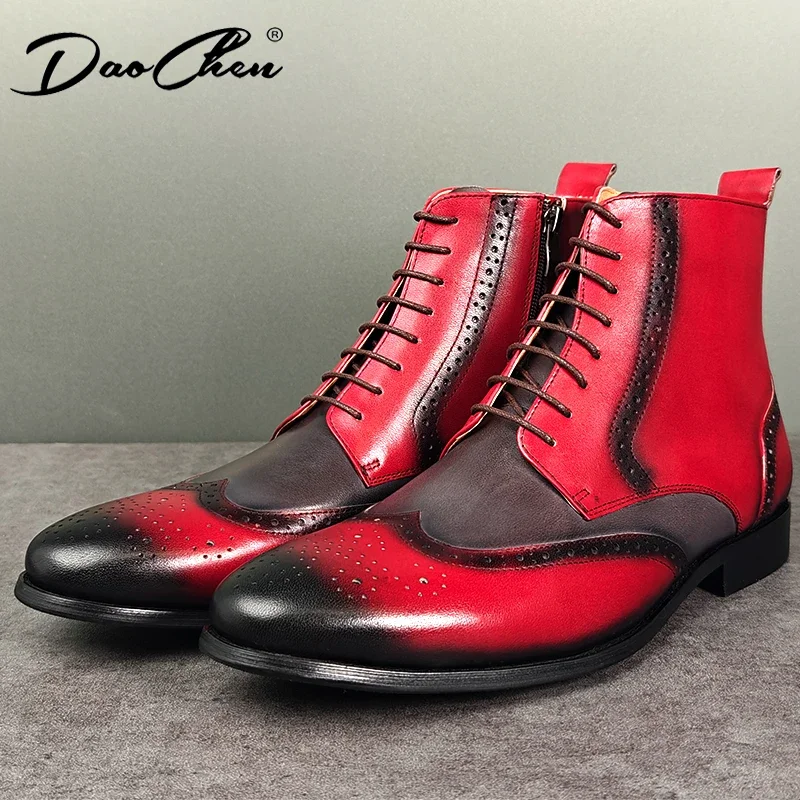 LUXURY BRAND MEN ANKLE BOOTS BLACK RED BROGUE WINGTIP DRESS MAN BOOTS SHOES WEDDING PARTY BANQUET GENUINE LEATHER BOOTS MEN