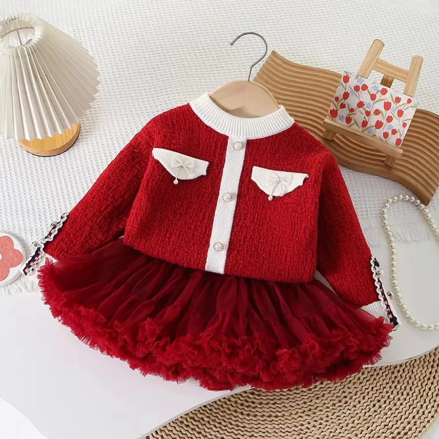 MILANCEL New Spring Kids Clothes Set Girls Color Blocked Sweater Cardigan + Tutu Skirt Children Outfit 2PCS