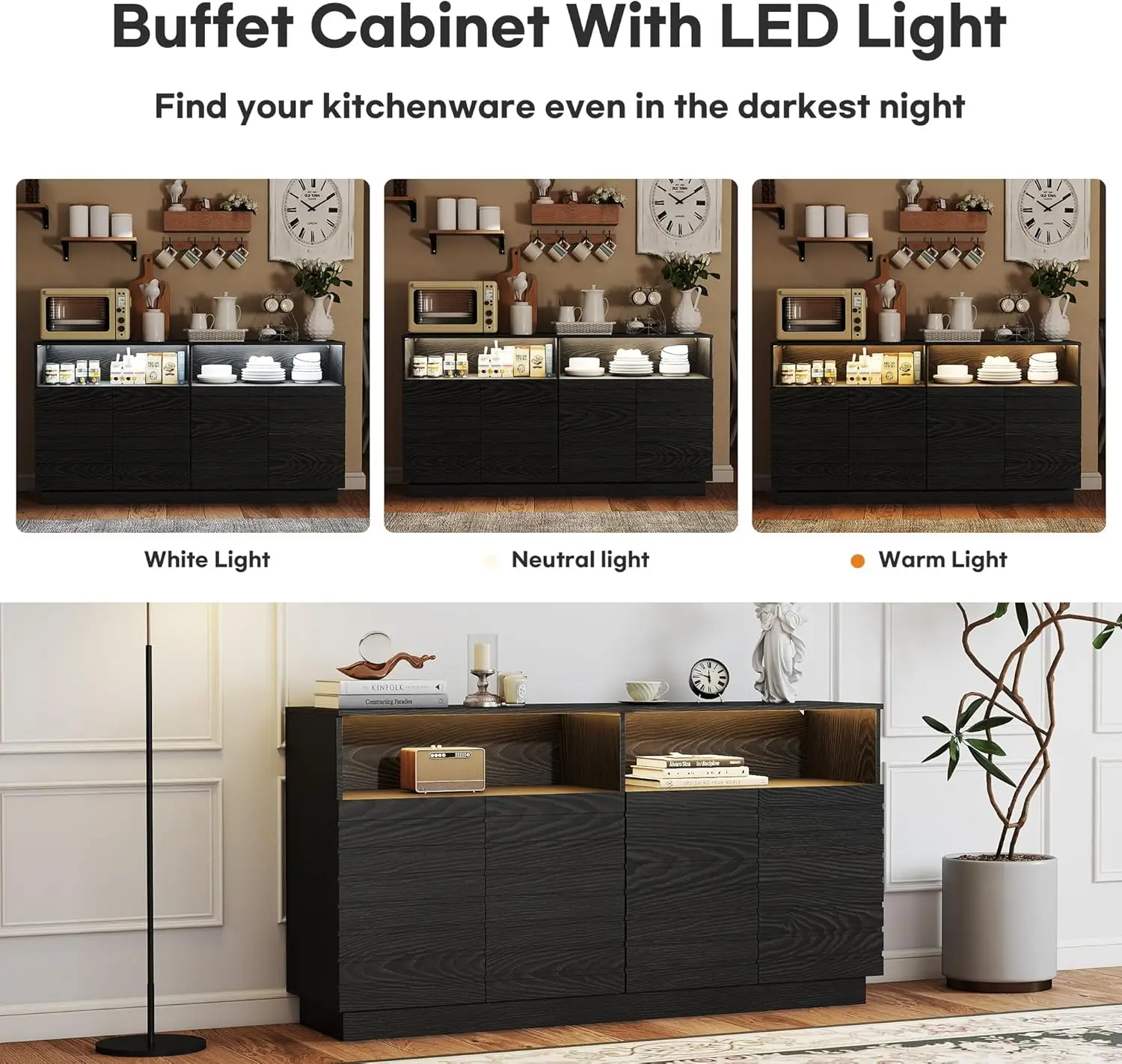 Credenza nera da 60' con luci a LED e ante scanalate, ripiani regolabili, mobile bar per soggiorno