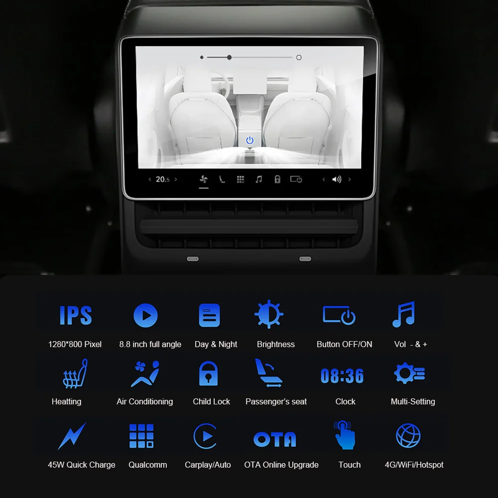 SATONIC 8.8 Inch Rear Entertainment Screen Climate Displayer for Telsa Model 3 & Y Carplay Dual Headphone 4G WiFi 64G 4G OTA