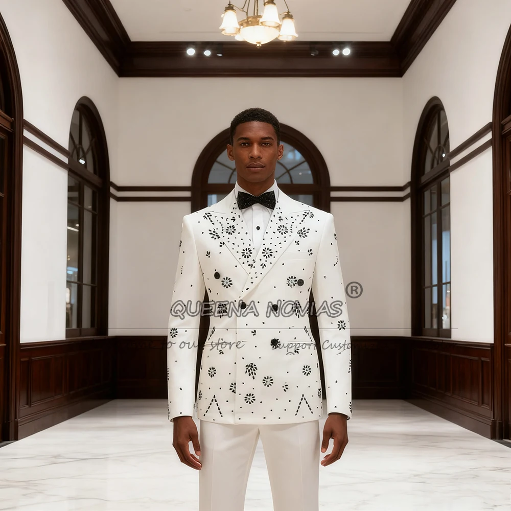 

Костюм с камнями из бисера для мужчин на свадьбу, двубортный пиджак, брюки, комплекты из 2 предметов, костюм Homme, индивидуальный смокинг жениха