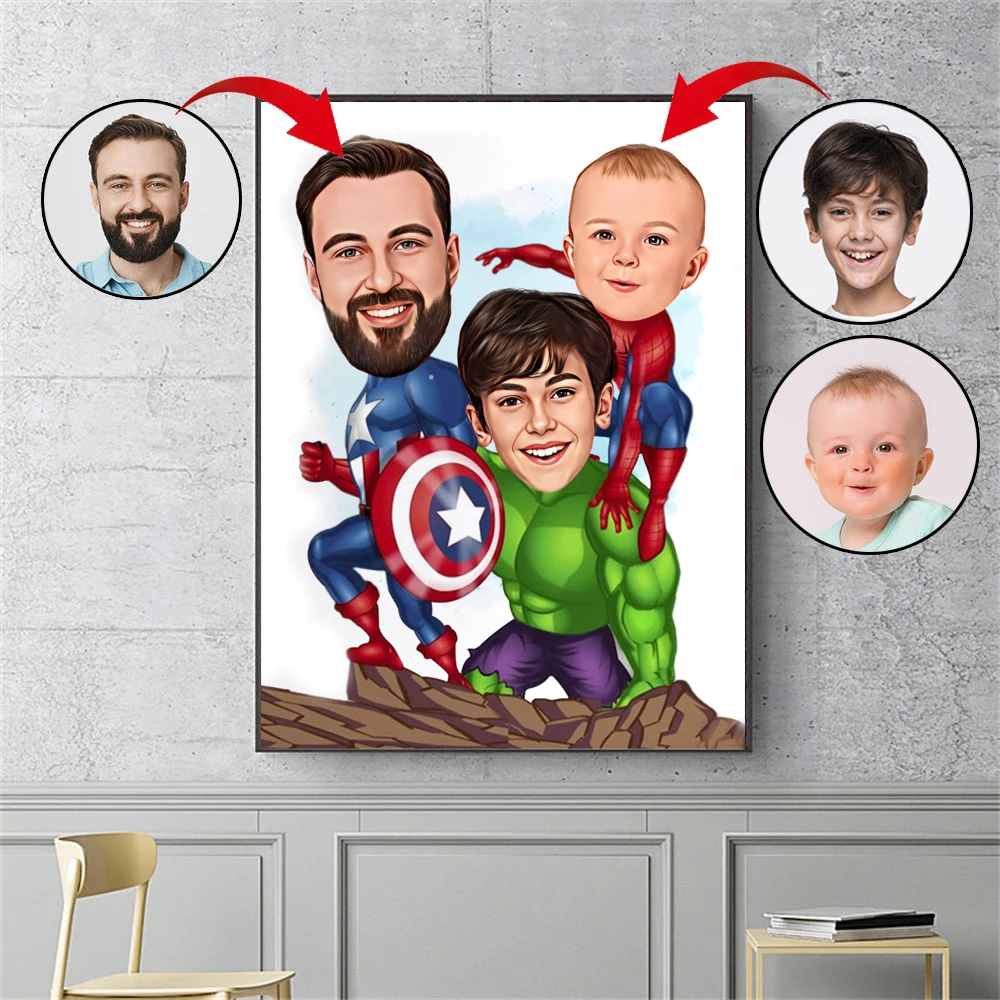 Custom Superhero Cartoon Canvas Poster Personalized Dad and Two Son Superhero Cartoon Caricature Portrait Gift for Dad